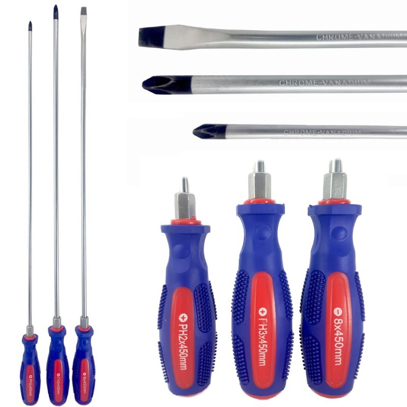 Destornilladores extra largos Plano y Phillips  - 3 pcs.
