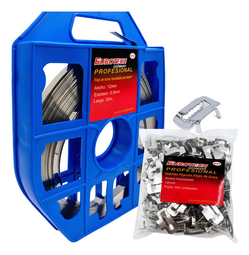 Cinta Fleje 30mt. 12mm. + 100 Hebillas - Acero Inox Azul